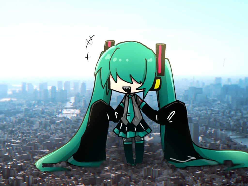 1girl, absurdly_long_hair, black_skirt, black_sleeves, black_thighhighs, chibi, chibi_only, city