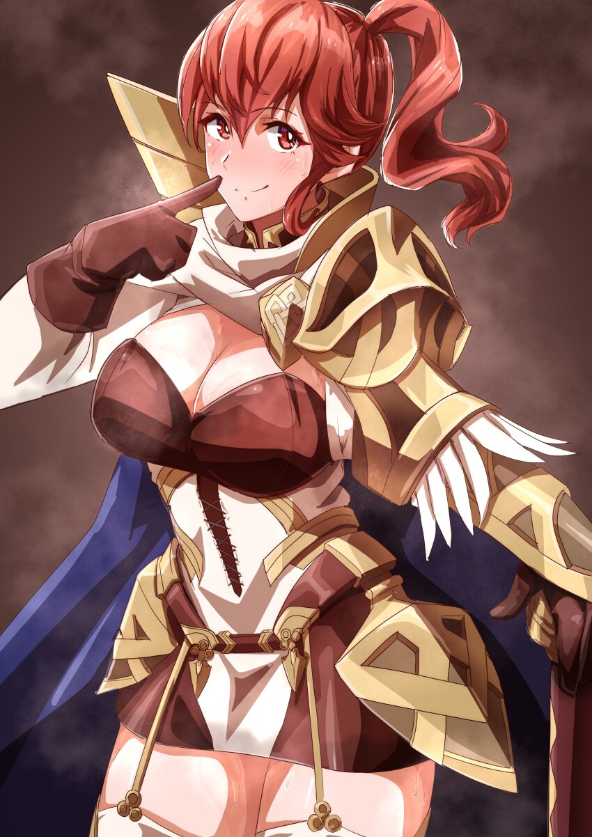 1girl, absurdres, anna_(fire_emblem), anna_(fire_emblem_heroes), armor, breasts, cleavage, closed_mouth, fire_emblem, fire_emblem_heroes, gloves, hair_between_eyes, highres, hip_armor, index_finger_raised, large_breasts, long_sleeves, looking_at_viewer, nintendo, pointing, pointing_at_self, ponytail, red_eyes, red_hair, shoulder_armor, smile, solo, steam, steaming_body, sweat, to_(tototo_tk)