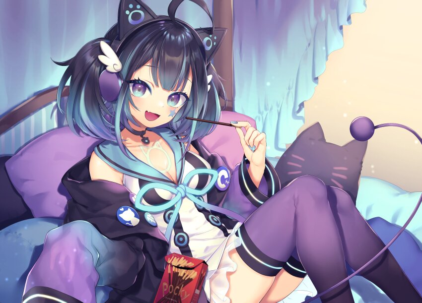 1girl, absurdres, animal_ears, black_hair, blue_eyes, blue_hair, cat_ears, cyan_nyan