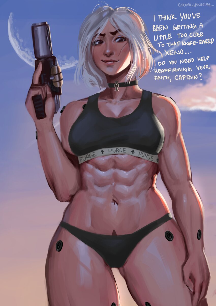 1girl, abs, absurdres, adepta_sororitas, artist_name, bikini, choker, coomillennial, english_text, fleur-de-lis, gun, handgun, highres, lasgun, muscular, muscular_female, scar, scar_on_face, signature, sister_argenta_(rogue_trader), smile, swimsuit, thick_thighs, thighs, trigger_discipline, warhammer_40k, warhammer_40k:_rogue_trader, weapon