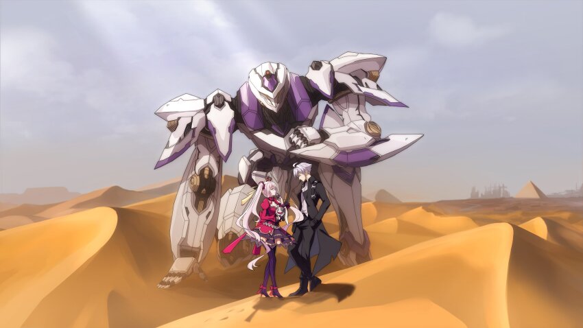 1boy, 1girl, becas_shannam_(iron_saga), black_coat, coat, crown, desert, full_body