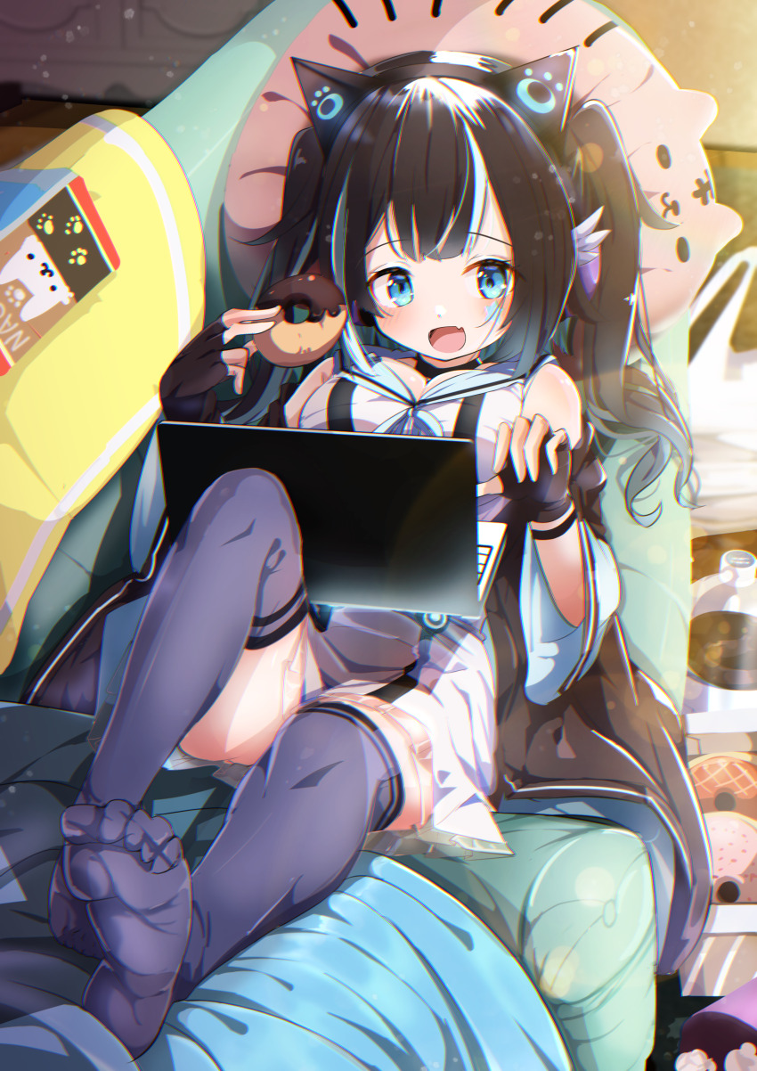1girl, absurdres, animal_ears, bare_shoulders, black_hair, black_thighhighs, blue_eyes, blue_hair