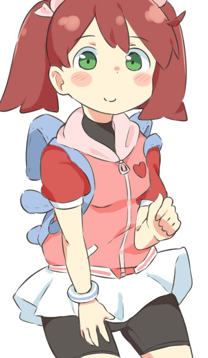 1girl, bike_shorts, blush_stickers, brown_hair, closed_mouth, green_eyes, hair_ribbon, highres