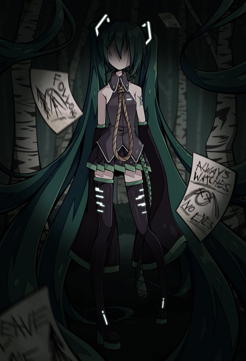 1girl, aqua_boots, aqua_hair, black_skirt, black_sleeves, black_thighhighs, blurry, blurry_foreground, boots, colored_skin, cosplay, creepypasta, detached_sleeves, faceless, forest, grey_shirt, hatsune_miku, highres, horror_(theme), long_hair, long_sleeves, motion_blur, nature, necktie, no_mouth, no_nose, noose, paper, pov, shirt, shoulder_tattoo, sidelocks, skirt, slender_man, slender_man_(cosplay), slys_(jesterdysphoria), solo, tattoo, thighhighs, twintails, very_long_hair, very_long_sleeves, vignetting, vocaloid, white_skin, wide_sleeves
