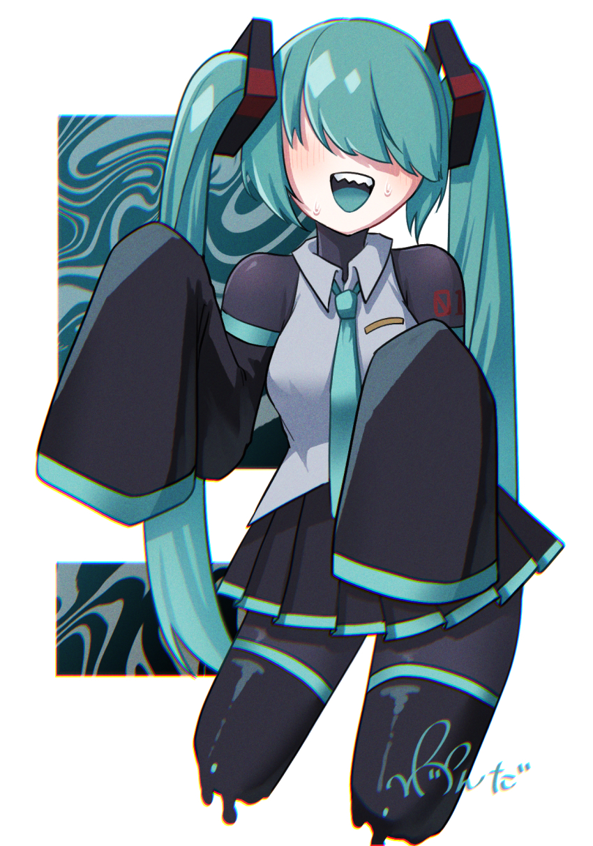 1girl, abstract_background, aqua_hair, aqua_necktie, aqua_tongue, black_bodysuit, black_skirt, black_sleeves