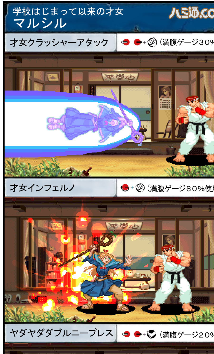 1boy, 1girl, barefoot, black_sash, blonde_hair, blue_dress, brown_hair, brown_pants, commentary_request, dougi, dress, dungeon_meshi, fighting_game, fighting_stance, fingerless_gloves, fire, flying, gameplay_mechanics, gloves, headband, highres, holding, holding_staff, karate_gi, long_sleeves, looking_at_another, marcille_donato, medium_dress, move_chart, pants, pants_under_dress, partial_commentary, pixel_art, pointy_ears, red_gloves, ryu_(street_fighter), sandals, sash, shieo, shirt, sleeveless, sleeveless_shirt, staff, standing, street_fighter, street_fighter_zero_(series), torn_clothes, torn_sleeves, translated, white_headband, white_pants, white_shirt