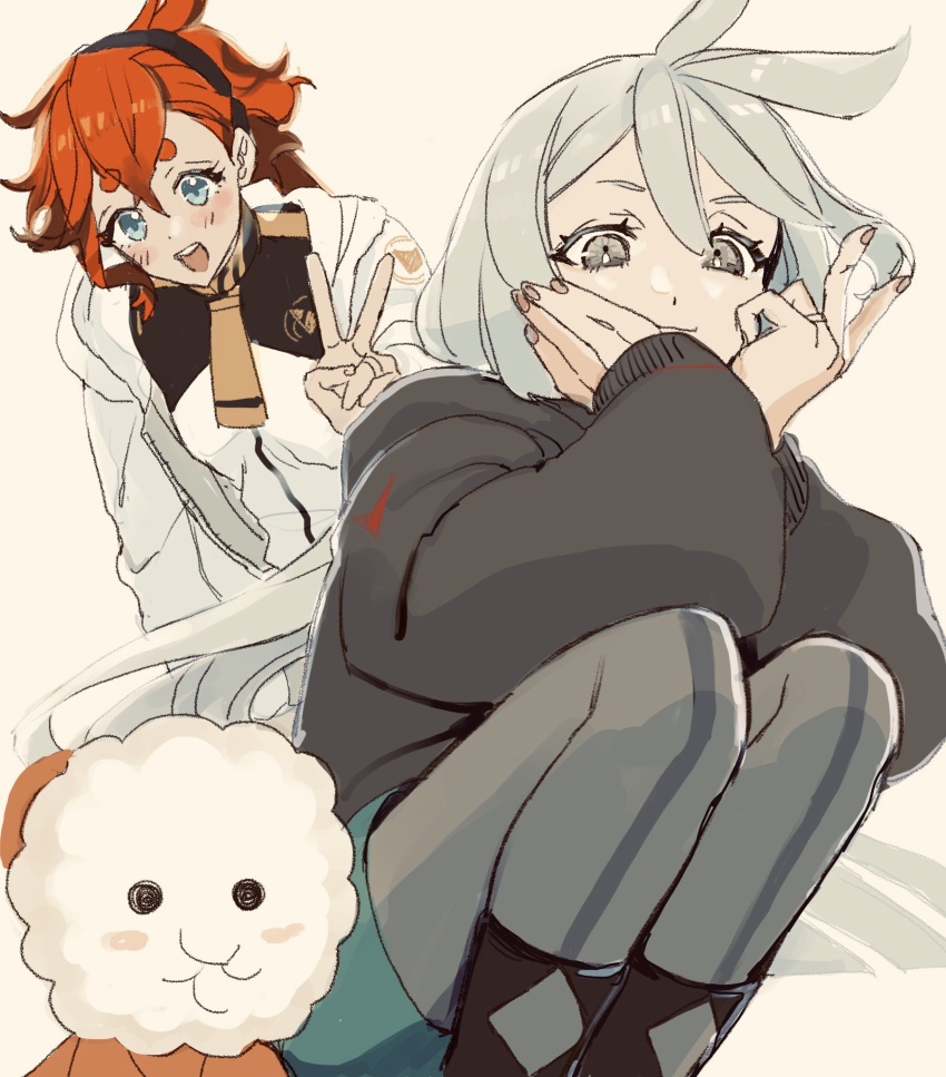 2girls, asticassia_school_uniform, black_hairband, black_jacket, blue_eyes, coat, commentary_request, green_skirt