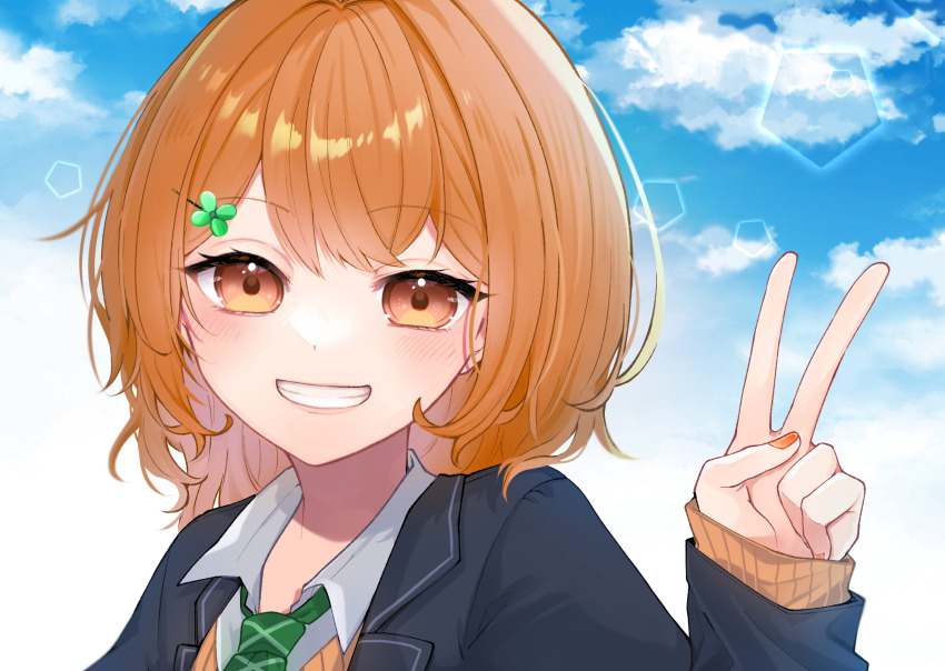 1girl, blazer, blush, brown_eyes, character_request, clover, clover_hair_ornament, commission, day, four-leaf_clover, grin, hair_ornament, hairclip, highres, indie_virtual_youtuber, jacket, long_hair, long_sleeves, looking_at_viewer, nail_polish, nanana_kaya, necktie, orange_hair, original, school_uniform, skeb_commission, sky, sleeves_past_wrists, smile, solo, upper_body, v, virtual_youtuber