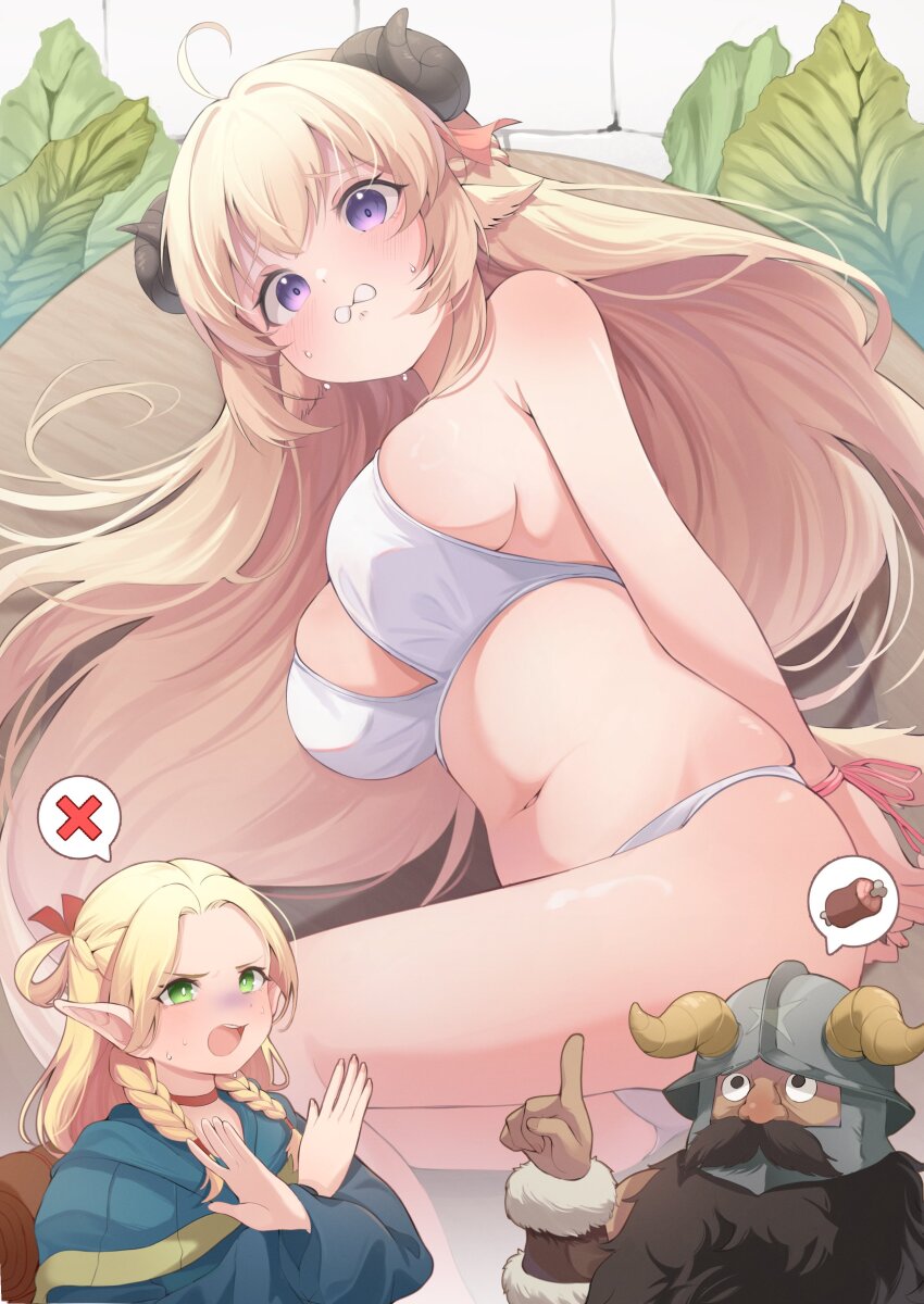 1boy, 2girls, absurdres, animal_ears, arms_behind_back, beard, bikini, black_eyes