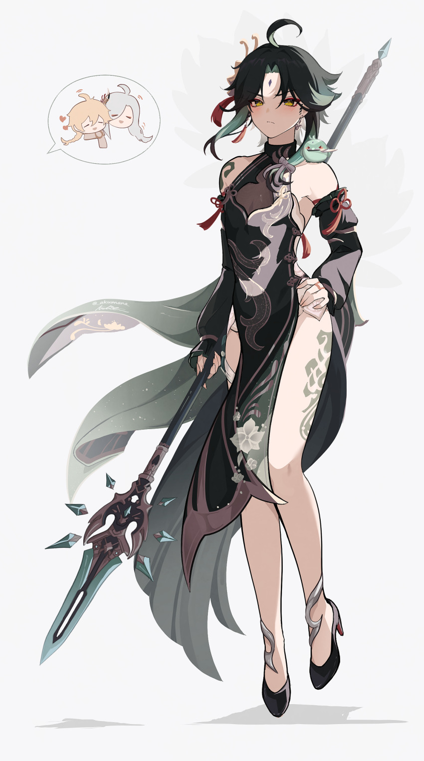 1girl, 2boys, absurdres, aether_(genshin_impact), akumana, animal, animal_on_shoulder, arm_tattoo, bare_shoulders, bird, bird_on_shoulder, black_dress, black_footwear, black_hair, blonde_hair, blush, chinese_clothes, closed_eyes, closed_mouth, commentary, cosplay, crossdressing, detached_sleeves, dress, earrings, english_commentary, facial_mark, forehead_mark, full_body, genshin_impact, green_hair, grey_hair, hair_ornament, hand_on_own_hip, heart, highres, holding, holding_polearm, holding_weapon, jewelry, leg_tattoo, looking_at_viewer, male_focus, multicolored_hair, multiple_boys, polearm, primordial_jade_winged-spear_(genshin_impact), shenhe_(frostflower_dew)_(genshin_impact), shenhe_(genshin_impact), shenhe_(genshin_impact)_(cosplay), shoes, simple_background, sleeveless, sleeveless_dress, spear, tassel, tassel_earrings, tattoo, trap, weapon, xiao_(bird)_(genshin_impact), xiao_(genshin_impact)