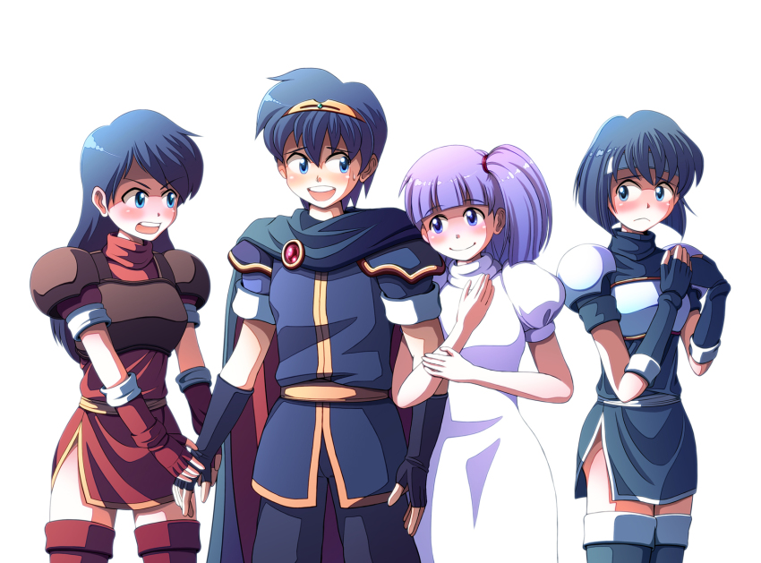 3girls, angry, armor, armored_dress, bad_id, bad_pixiv_id, blue_eyes, blue_hair