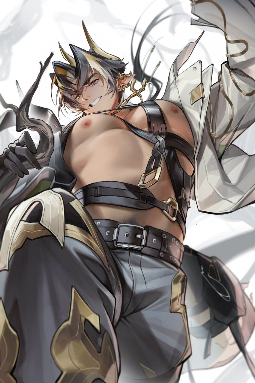 1boy, arknights, baizelangtai_(hallyswift), bara, belt, black_belt, chinese_commentary, chongyue_(alighting)_(arknights)