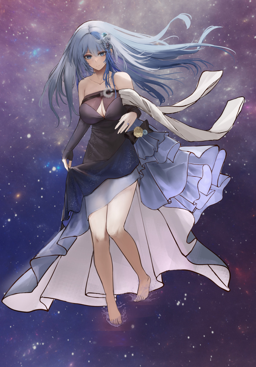 1girl, absurdres, alc.3vol, barefoot, blue_eyes, blue_hair, breasts, cleavage, dress, girls'_frontline, girls'_frontline_neural_cloud, hair_ornament, highres, hubble_(ever-radiant_star)_(neural_cloud), hubble_(neural_cloud), jewelry, large_breasts, light_blue_hair, multicolored_hair, official_alternate_costume, ring, smile, solo, space, streaked_hair