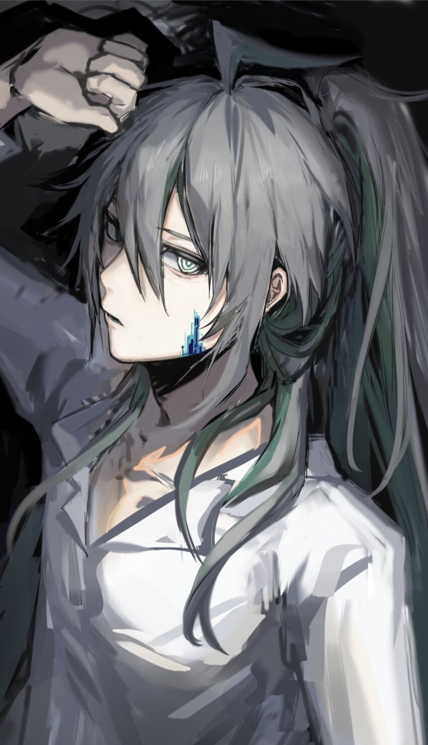 1boy, ahoge, ainchase_ishmael, black_background, colored_inner_hair, elsword, expressionless, glitch