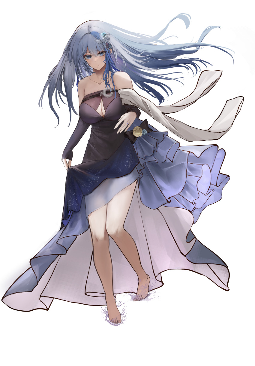 1girl, absurdres, alc.3vol, barefoot, blue_eyes, blue_hair, breasts, cleavage
