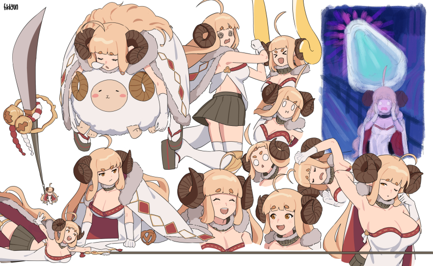 >_<, 0_0, 1girl, :d, @_@, ^_^, ahoge, anila_(granblue_fantasy), armpits, artist_name, ass, blonde_hair, blunt_bangs, blush, breasts, cape, cleavage, closed_eyes, closed_mouth, curled_horns, draph, fikkyun, fine_art_parody, gloves, granblue_fantasy, highres, horns, japanese_clothes, large_breasts, long_hair, long_weapon, miniskirt, naginata, o_o, okobo, open_mouth, parody, platform_sandals, polearm, sandals, sheep, sheep_horns, short_eyebrows, signature, simple_background, skirt, sleeping, smile, solo, tabi, the_scream, thick_eyebrows, weapon, white_background, xd, yellow_eyes