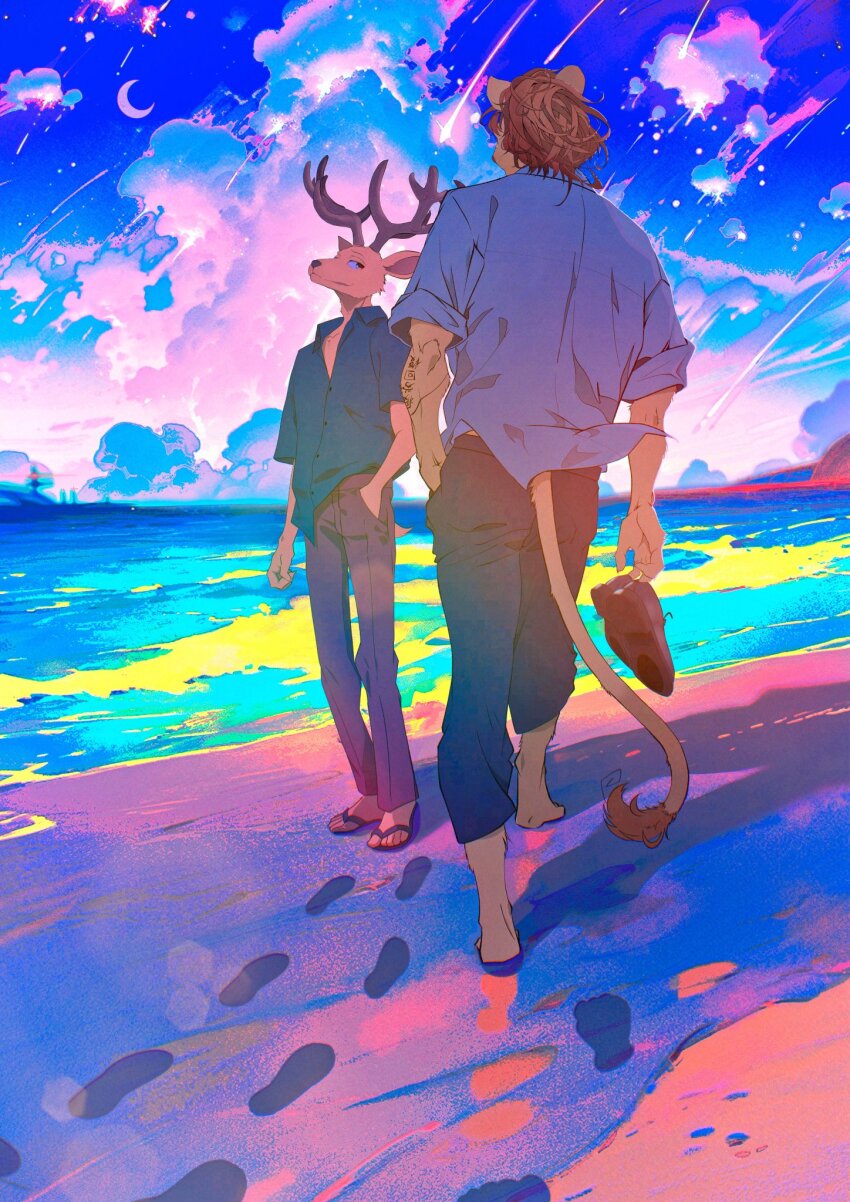 2boys, animal_ears, antlers, barefoot, beach, beastars, black_footwear, cloud, cloudy_sky, commentary, deer_antlers, deer_boy, deer_ears, deer_tail, english_commentary, flip-flops, footprints, furry, furry_male, highres, holding, holding_shoes, holding_unworn_clothes, horns, ibuki_(beastars), lion_boy, lion_ears, lion_mane, lion_tail, looking_at_another, louis_(beastars), male_focus, meteor_shower, multiple_boys, ocean, sandals, shoes, sky, tail, tattoo, toro402, unworn_shoes
