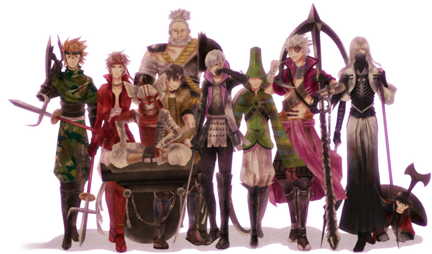 6+boys, akechi_mitsuhide_(sengoku_basara), all_fours, arm_wrap, armor, beard, black_choker, black_gloves, black_hair, black_headwear, brown_eyes, brown_hair, camouflage, camouflage_jacket, chain, character_request, choker, closed_eyes, copyright_request, derection-mmm, eyepatch, facial_hair, fingerless_gloves, gloves, green_headwear, grey_gloves, grey_hair, grey_headwear, hair_between_eyes, hand_up, headband, helmet, holding, holding_scythe, holding_weapon, ishida_mitsunari_(sengoku_basara), jacket, long_hair, long_sleeves, midriff, mouri_motonari_(sengoku_basara), multiple_boys, muscular, muscular_male, naginata, old, old_man, polearm, red_headband, sanada_yukimura_(sengoku_basara), sandals, sarutobi_sasuke_(sengoku_basara), scar, scythe, shield, shimazu_yoshihiro_(sengoku_basara), shoulder_armor, sitting, spiked_hair, standing, weapon