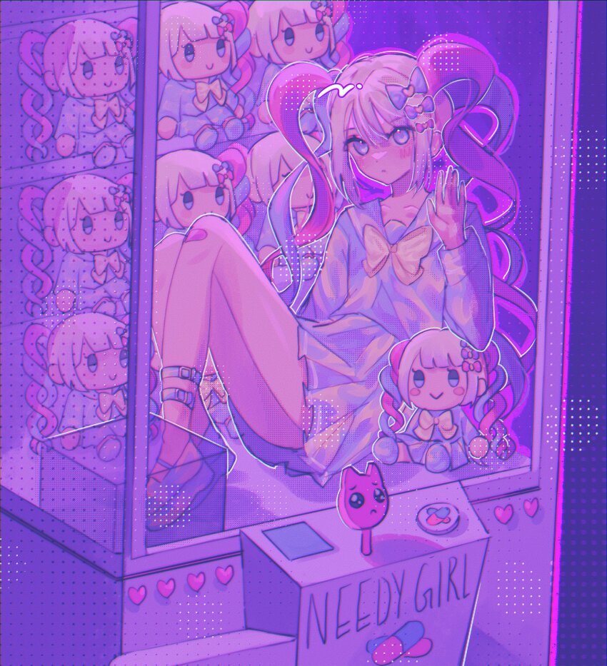 1girl, against_glass, arcade_stick, artist_collaboration, blonde_hair, blue_bow, blue_eyes, blue_hair, blue_serafuku, blue_shirt, blue_skirt, bow, character_doll, chouzetsusaikawa_tenshi-chan, closed_mouth, commentary, controller, crane_game, doll, english_commentary, full_body, game_controller, hair_bow, hand_on_glass, highres, in_crane_game, joystick, knees_up, long_hair, long_sleeves, looking_at_viewer, mocca_(nii5os), multicolored_hair, needy_girl_overdose, pien_cat_(needy_girl_overdose), pink_bow, pink_hair, pleated_skirt, purple_bow, quad_tails, school_uniform, serafuku, sere_(_h11r_agi), shirt, sitting, skirt, solo