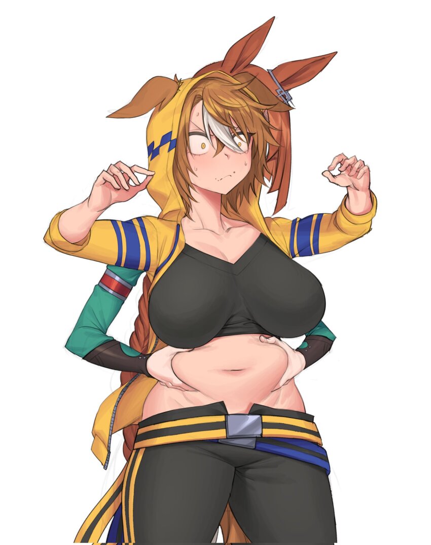 2girls, alternate_breast_size, animal_ears, belt, black_tank_top, blue_belt, braid, breasts
