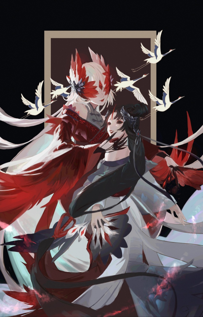 2girls, absurdres, bare_shoulders, bird, black_background, black_eyes, black_hair, black_shirt