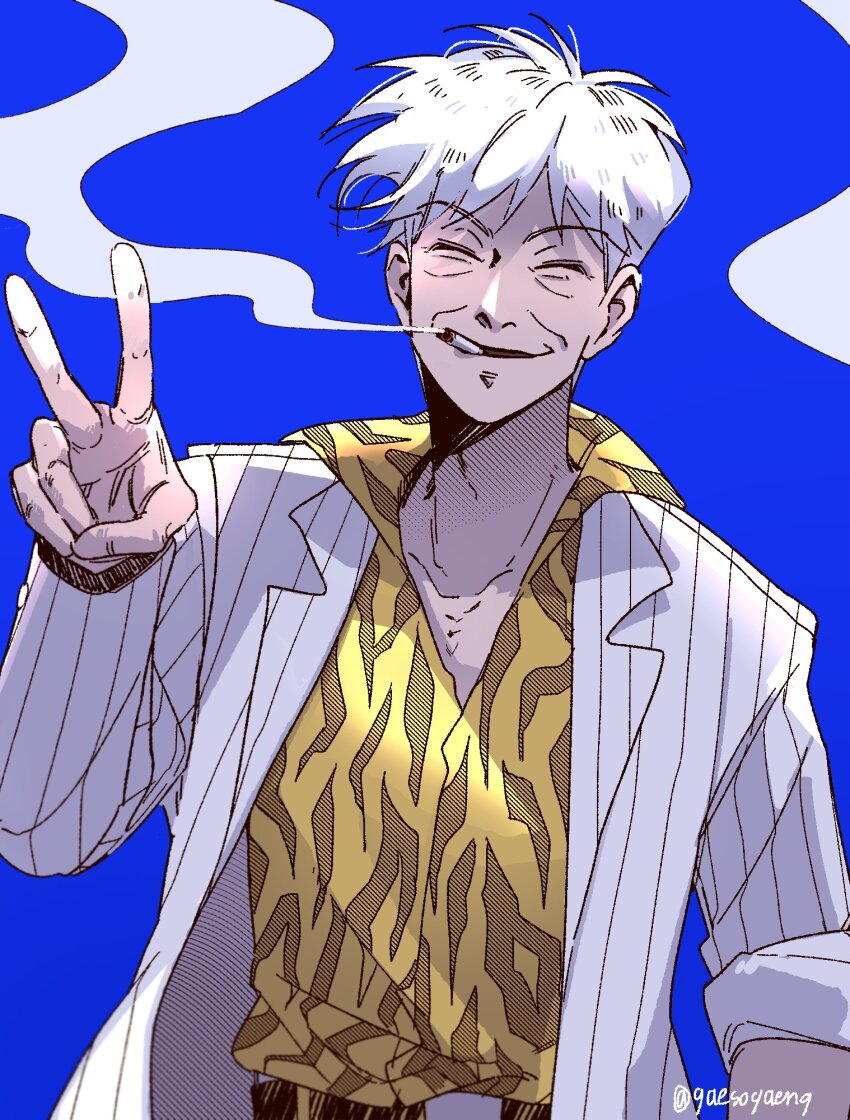 1boy, akagi_shigeru, animal_print, blue_background, cigarette, closed_eyes, collared_shirt, commentary_request