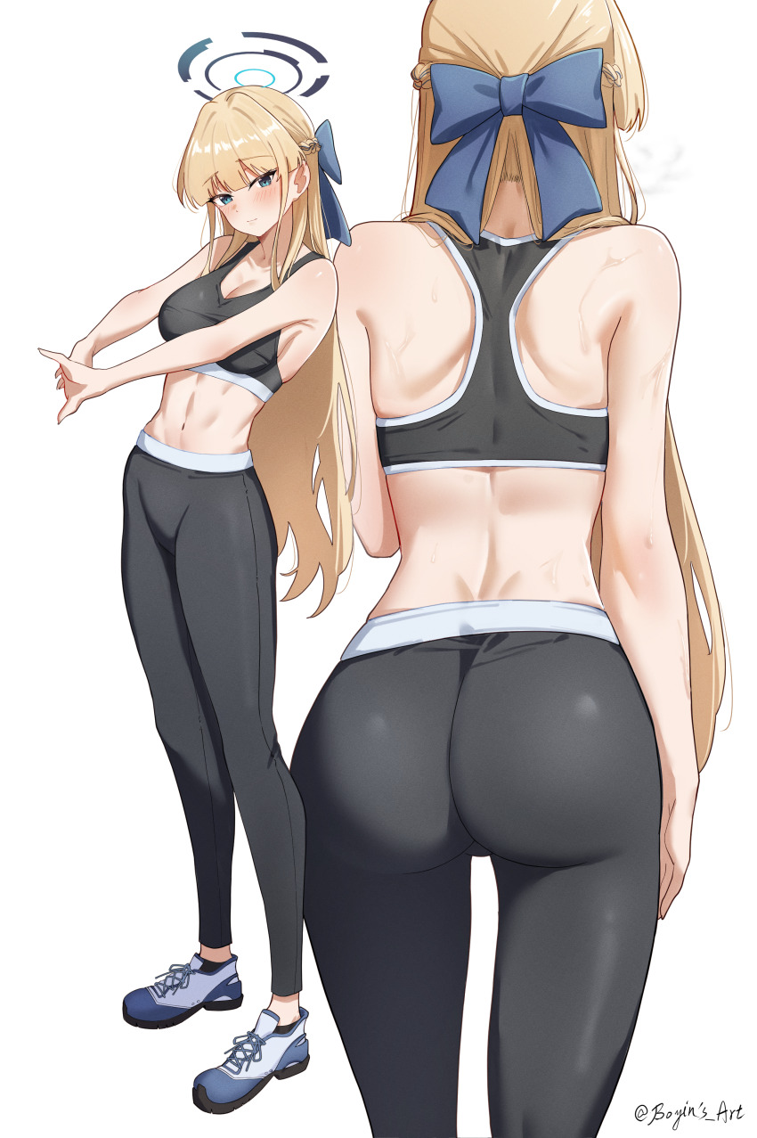 1girl, absurdres, ass, back, black_pants, black_sports_bra, blonde_hair, blue_archive, blue_eyes, blue_hair, blue_halo, blush, boyin, braid, breasts, cleavage, closed_mouth, halo, highres, long_hair, medium_breasts, multicolored_hair, multiple_views, navel, pants, shoes, simple_background, sneakers, sports_bra, streaked_hair, sweat, toki_(blue_archive), twitter_username, white_background