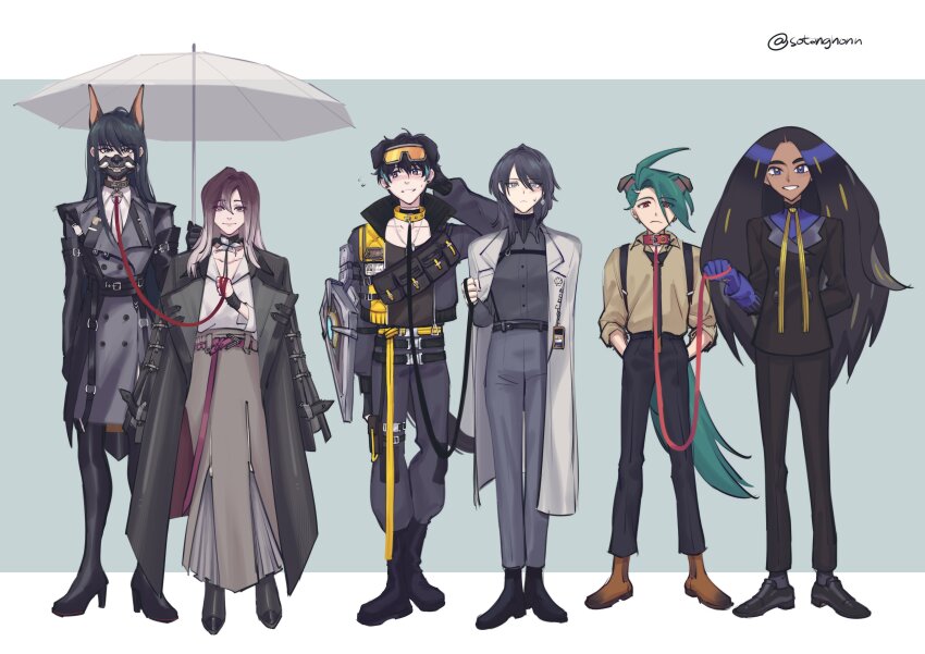 6+girls, absurdres, animal_collar, animal_ears, black_coat, black_collar, blonde_hair, blue_hair