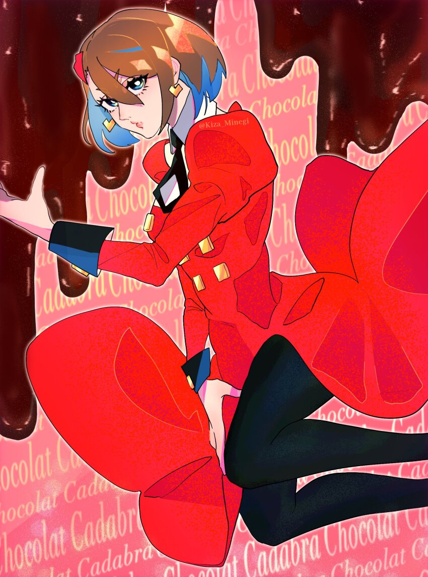 1girl, ado_(utaite), black_necktie, black_pantyhose, blue_eyes, blue_hair, brown_hair, cacao_(chocolat_cadabra)