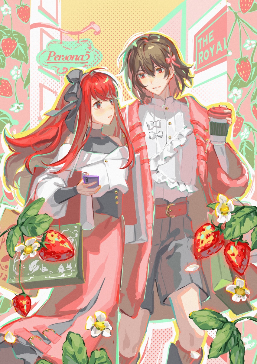 1boy, 1girl, absurdres, ahoge, akechi_gorou, alternate_costume, bag, belt