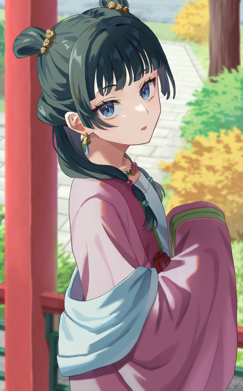 1girl, beads, blue_eyes, chinese_clothes, earrings, eyelashes, from_above, green_hair