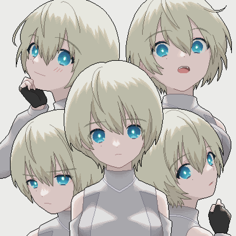 5girls, :o, album_cover, animated, animated_gif, bare_shoulders, black_gloves, blinking, blonde_hair, blue_eyes, blush, breasts, clone, closed_mouth, cover, dithering, gloves, grey_background, grey_shirt, hair_between_eyes, hand_on_own_chin, hand_up, hoshimiya_toto, indie_virtual_youtuber, looking_at_viewer, looping_animation, medium_breasts, multiple_girls, narume, open_mouth, pixel_art, shirt, short_hair, simple_background, sleeveless, sleeveless_shirt, smile, turtleneck, upper_body, virtual_youtuber