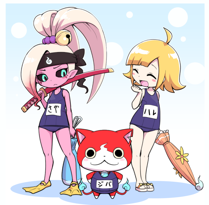 2girls, ahoge, aqua_eyes, bell, black_sclera, blonde_hair, blush, cat