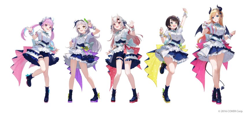 5girls, :d, :o, absurdres, ahoge, anchor_print, ankle_boots, aqua_bow