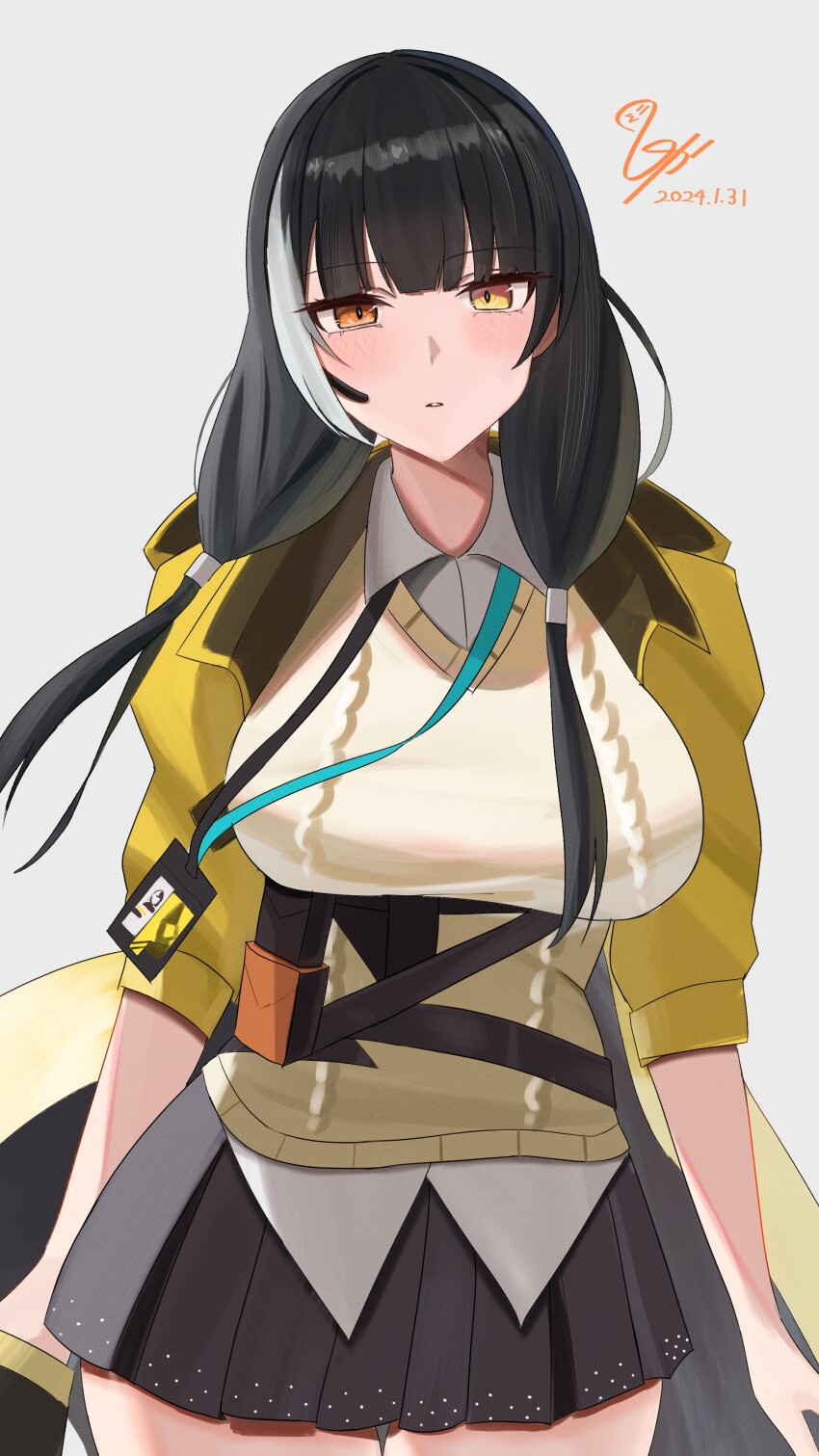 1girl, absurdres, black_hair, black_skirt, blush, breasts, dated, girls'_frontline