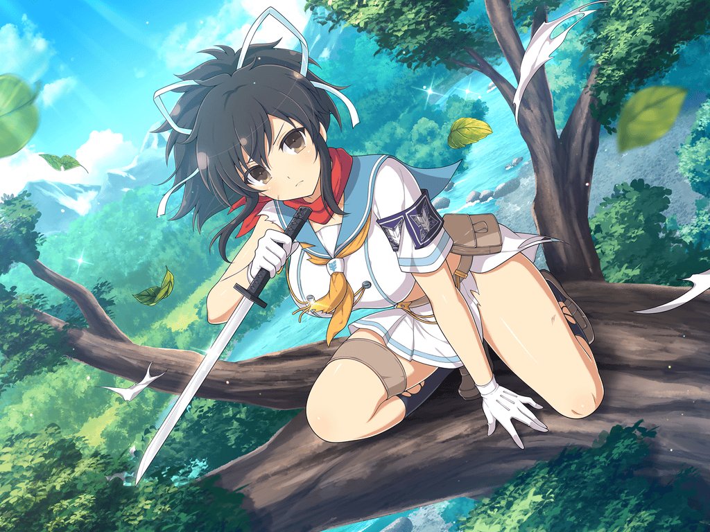 1girl, ascot, asuka_(senran_kagura), belt, belt_pouch, black_hair, blue_sailor_collar, blush, branch, breasts, brown_belt, brown_eyes, bush, buttons, cloud, day, double-breasted, falling_leaves, forest, frown, gloves, grass, hair_ribbon, hanzou_academy_school_uniform, in_tree, large_breasts, leaf, light_particles, loafers, looking_at_viewer, midriff, miniskirt, mountain, mountainous_horizon, nature, official_art, orange_ascot, outdoors, pleated_skirt, ponytail, pouch, red_scarf, reverse_grip, ribbon, river, riverbank, rock, sailor_collar, scarf, school_emblem, school_uniform, senran_kagura, senran_kagura_new_link, senran_kagura_shoujo-tachi_no_shin'ei, shiny_skin, shirt, shoes, short_hair, short_ponytail, short_sword, shuriken, sidelocks, skirt, sky, solo, sparkle, squatting, sword, thigh_strap, torn_ascot, torn_clothes, torn_shirt, torn_sleeves, torn_socks, tree, tsuba_(guard), tsuka-ito, tsuka_(handle), unsheathed, v-shaped_eyebrows, wakizashi, water, weapon, white_gloves, white_ribbon, yaegashi_nan