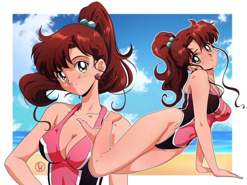 absurdres, barefoot, beach, bishoujo_senshi_sailor_moon, blue_sky, blush, breasts, brown_hair, cloud, cloudy_sky, earrings, fritz_willie, green_eyes, highres, jewelry, kino_makoto, legs, medium_breasts, navel, one-piece_swimsuit, sand, sky, smile, swimsuit, water