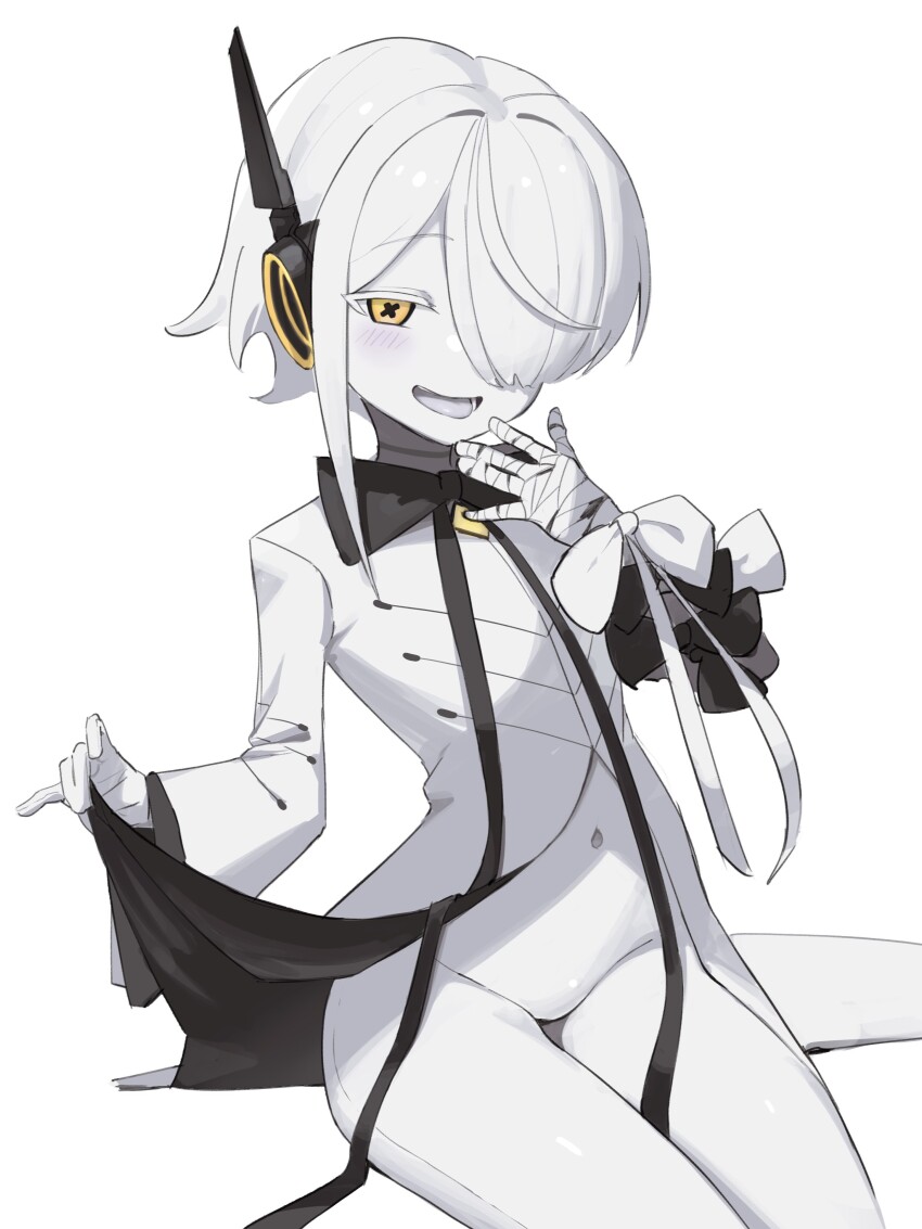 1girl, absurdres, bandaged_arm, bandages, blue_archive, blush, cowboy_shot, dress, groin, hair_over_one_eye, haramaki_(haranomaki), highres, long_sleeves, looking_at_viewer, navel, no_pussy, open_mouth, short_hair, simple_background, smile, sof_(blue_archive), solo, symbol-shaped_pupils, white_background, white_dress, white_hair, wide_sleeves, x-shaped_pupils, yellow_eyes