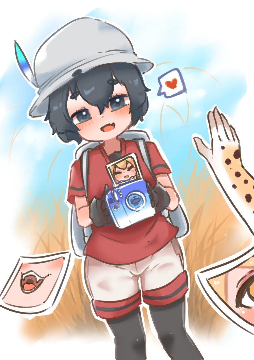 2girls, absurdres, animal_print, backpack, bag, black_gloves, black_hair, black_pantyhose