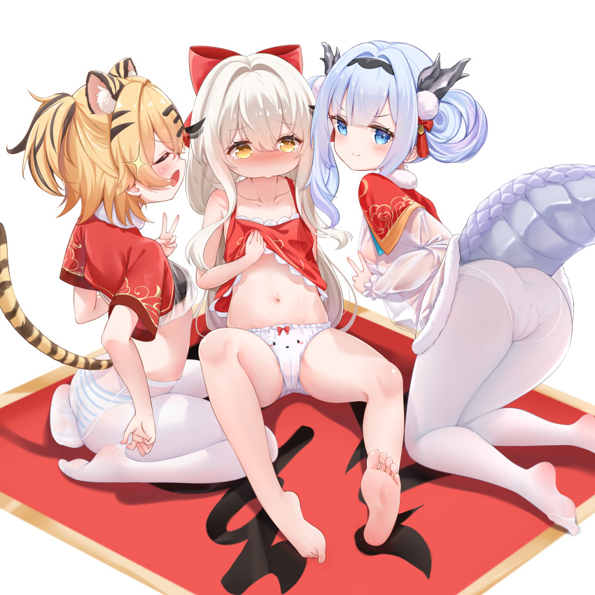 3girls, absurdres, animal_ear_fluff, animal_ears, apron, azur_lane, barefoot, blonde_hair, bloomers, blue_eyes, blue_hair, blush, bow, bow_panties, cameltoe, chinese_commentary, closed_eyes, closed_mouth, clothes_lift, collarbone, commentary_request, dragon_girl, dragon_horns, dragon_tail, dress, fang, feet, fei_yuen_(azur_lane), fei_yuen_(flying_clouds_flailing_pranks)_(azur_lane), female_focus, full_body, grey_hair, hair_ornament, hand_up, highres, horns, hu_pen_(azur_lane), hu_pen_(prancing_tiger_welcomes_the_spring)_(azur_lane), lifting_own_clothes, loli, long_hair, looking_at_viewer, lung_wu_(ascendant_dragon's_spring_feast)_(azur_lane), lung_wu_(azur_lane), multiple_girls, navel, no_shoes, official_alternate_costume, open_mouth, panties, panties_under_pantyhose, pantyhose, pom_pom_(clothes), pom_pom_hair_ornament, qian_hen, red_apron, see-through_clothes, see-through_dress, short_hair, sidelocks, sitting, skin_fang, smile, soles, stomach, striped_clothes, striped_panties, tail, tears, tiger_ears, tiger_girl, tiger_tail, toes, underwear, v, wariza, white_bloomers, white_dress, white_panties, white_pantyhose, yellow_eyes