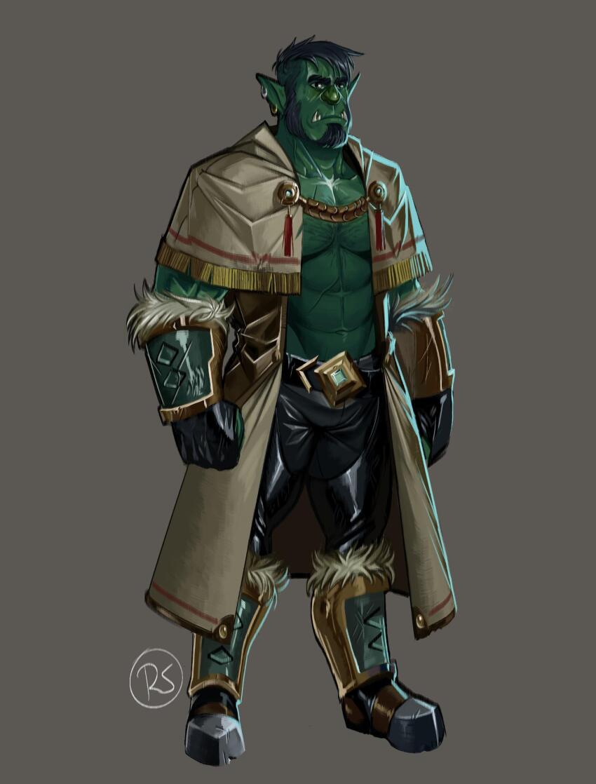 1boy, arms_at_sides, bara, beard, boots, cheschirebacon, chest_hair, cloak