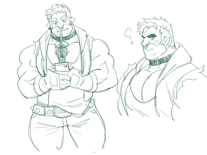 1boy, ?, bara, beard, belt, between_pectorals, bubble_tea, bubble_tea_challenge