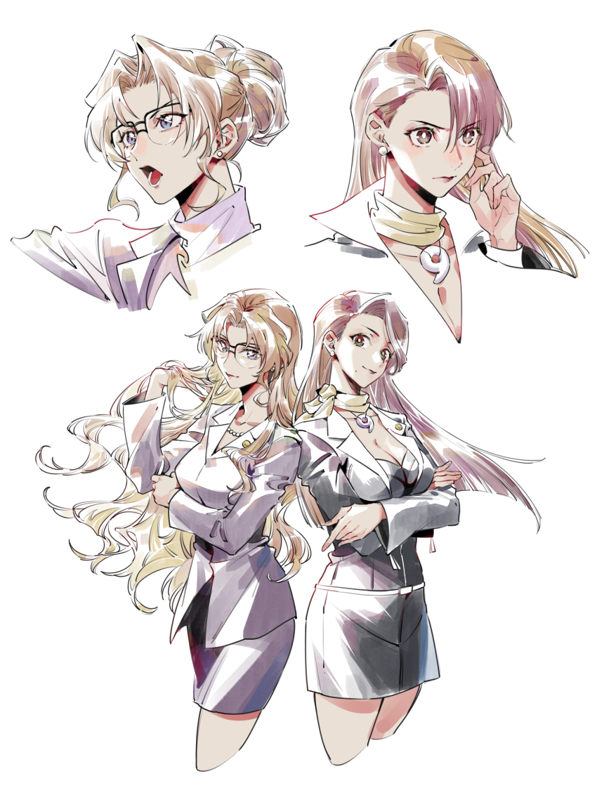 ace_attorney, asymmetrical_bangs, bead_necklace, beads, belt, black-framed_eyewear, black_jacket, black_skirt, blazer, blending, blonde_hair, blue_eyes, blunt_ends, breasts, brown_eyes, brown_hair, chinese_commentary, closed_mouth, cropped_legs, cropped_shoulders, cropped_torso, crossed_arms, crossover, earrings, floating_hair, genre_connection, glasses, hair_behind_ear, hair_bun, hair_flip, hand_up, highres, hun_(endlesslovehikaru), jacket, jewelry, kisaki_eri, lapels, lipstick, long_hair, long_sleeves, looking_ahead, magatama, magatama_necklace, makeup, medium_breasts, meitantei_conan, mia_fey, multicolored_hair, necklace, open_mouth, over-rim_eyewear, parted_bangs, pearl_earrings, pencil_skirt, pink_hair, purple_jacket, purple_skirt, scarf, semi-rimless_eyewear, side-by-side, simple_background, single_hair_bun, skirt, skirt_set, turtleneck, two-tone_hair, updo, v-neck, wavy_hair, white_background, yellow_scarf