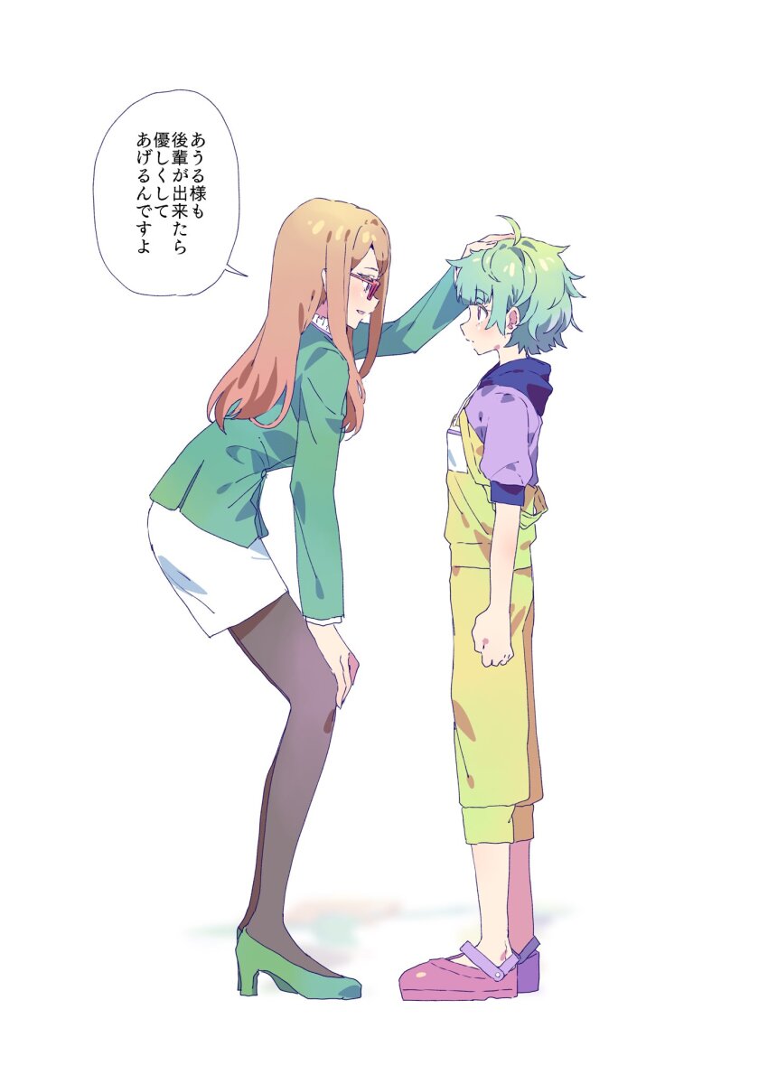 2girls, ahoge, akai_meganee, black_pantyhose, blunt_bangs, brown_hair, closed_mouth, commentary_request