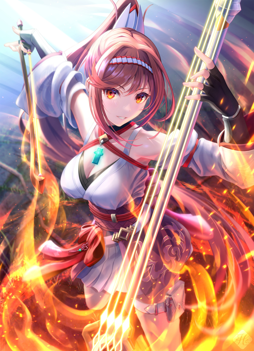 1girl, absurdres, black_gloves, breasts, brown_eyes, brown_hair, cleavage, detached_sleeves