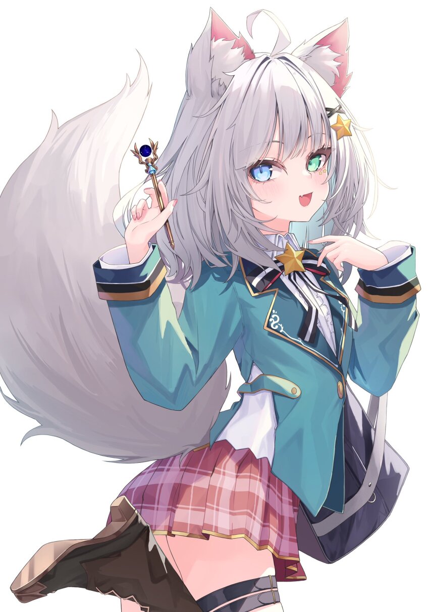 333shishishi333, ahoge, animal_ear_fluff, animal_ears, blazer, blue_eyes, boots, brown_footwear, commission, fox_ears, fox_girl, fox_tail, green_eyes, grey_hair, hair_ornament, heterochromia, highres, jacket, layla_(oda), long_hair, original, pink_nails, pink_skirt, plaid_clothes, plaid_skirt, skeb_commission, skirt, star_(symbol), star_hair_ornament, tail, x_hair_ornament