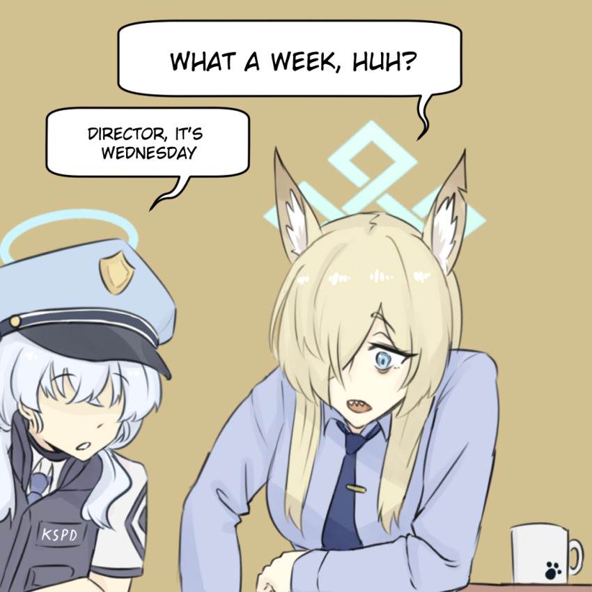 animal_ear_fluff, animal_ears, blonde_hair, blue_archive, blue_halo, blue_necktie, blue_shirt, commentary