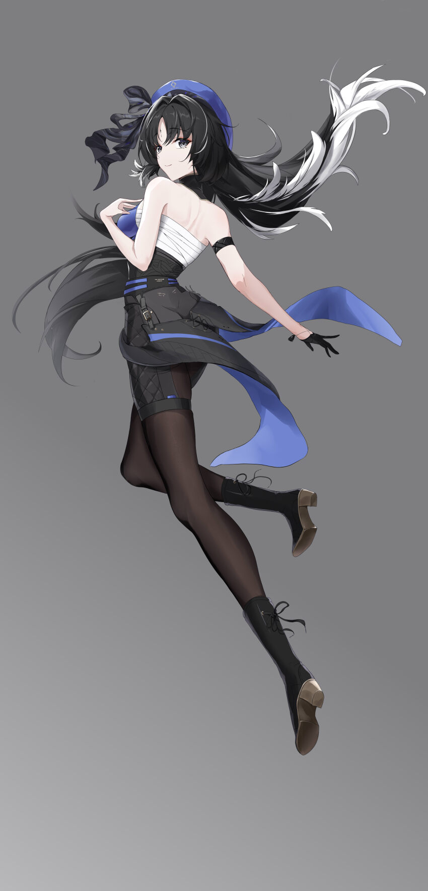 1girl, absurdres, armlet, bare_arms, bare_shoulders, black_boots, black_eyes, black_gloves, black_hair, black_pantyhose, blue_hat, boots, breasts, butt_crack, chest_sarashi, colored_tips, facial_mark, feather_hair, forehead, forehead_mark, from_behind, full_body, gloves, gradient_background, grey_background, grey_ribbon, hair_intakes, half_gloves, halterneck, hat, hat_ribbon, highres, hui_night, jewelry, long_hair, looking_at_viewer, looking_back, median_furrow, medium_breasts, multicolored_hair, pantyhose, parted_bangs, ribbon, ringed_eyes, sarashi, shoulder_blades, simple_background, single_glove, solo, tachi-e, very_long_hair, wuthering_waves, yangyang_(wuthering_waves)