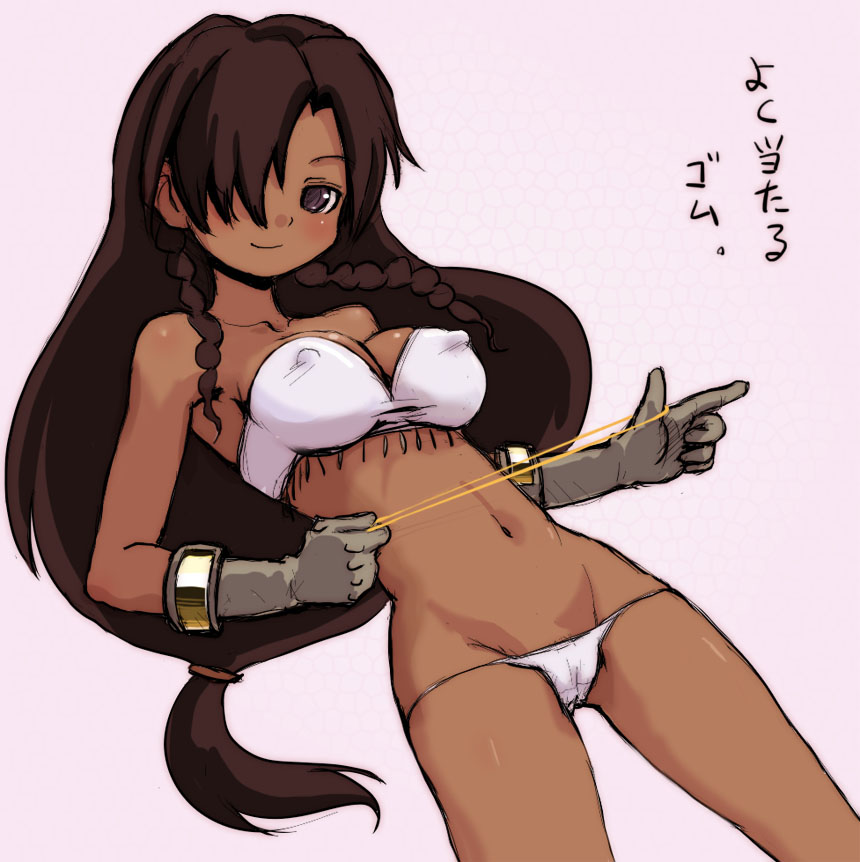 1girl, ballista_(sekaiju), ballista_4_(sekaiju), bikini, braid, breasts, brown_eyes, brown_hair, cameltoe, covered_erect_nipples, dark-skinned_female, dark_skin, etrian_odyssey, female_focus, gloves, groin, hair_over_one_eye, light_smile, long_hair, lowleg, lowleg_bikini, navel, rubber_band, sekaiju_no_meikyuu, sekaiju_no_meikyuu_3, simple_background, solo, swimsuit, twin_braids, white_bikini, yuuichi_(tareme_paradise)