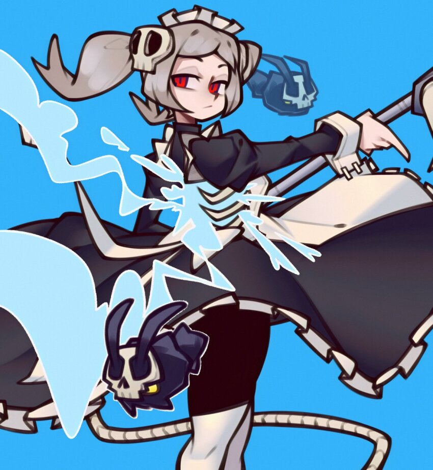 1girl, apron, bloody_marie_(skullgirls), blue_background, dress, dust_bunny_(skullgirls), energy, fire